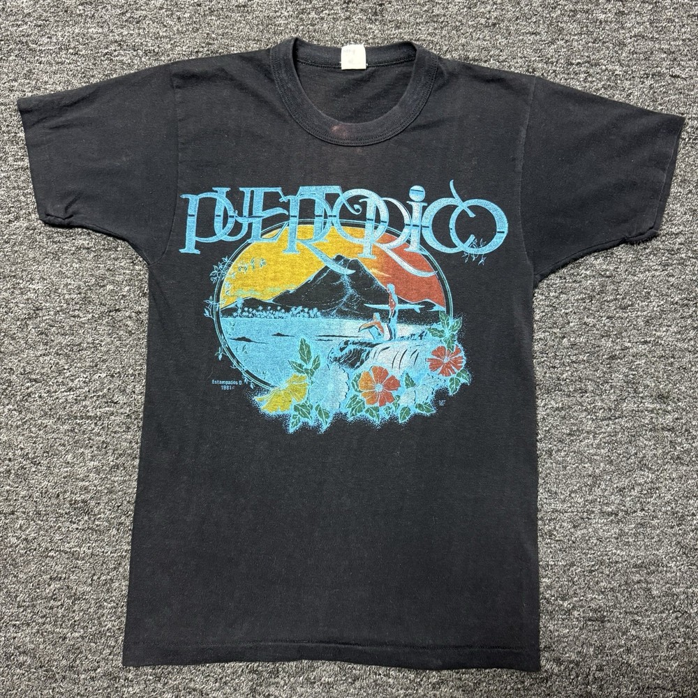 Vintage 80s RARE Black Gradient Sun Faded Puerto Rico T-Shirt Mens Sz S