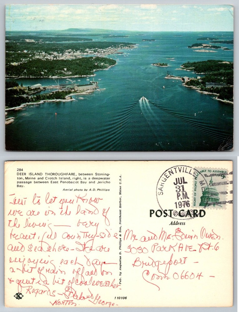 Vintage Deer Island Thoroughfare ME Postcard Aerial View Stonington 1976