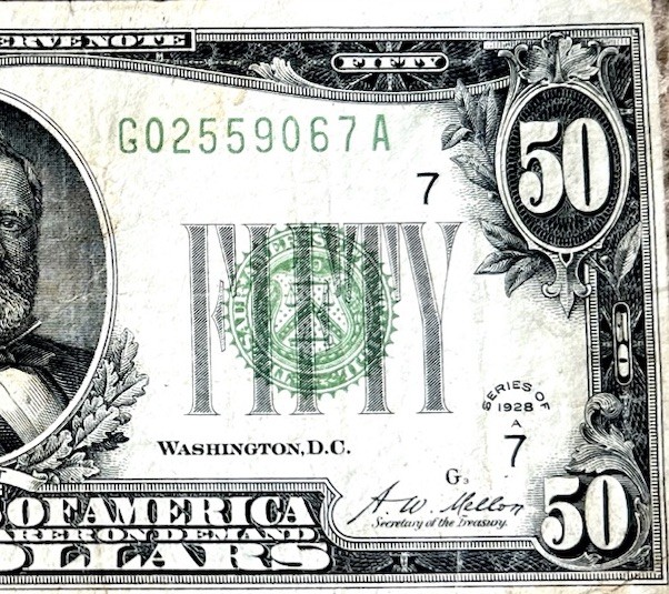 1928 A $50 Fifty Dollar Redeemable In Gold Clause Chicago Issue VF Crisp Note