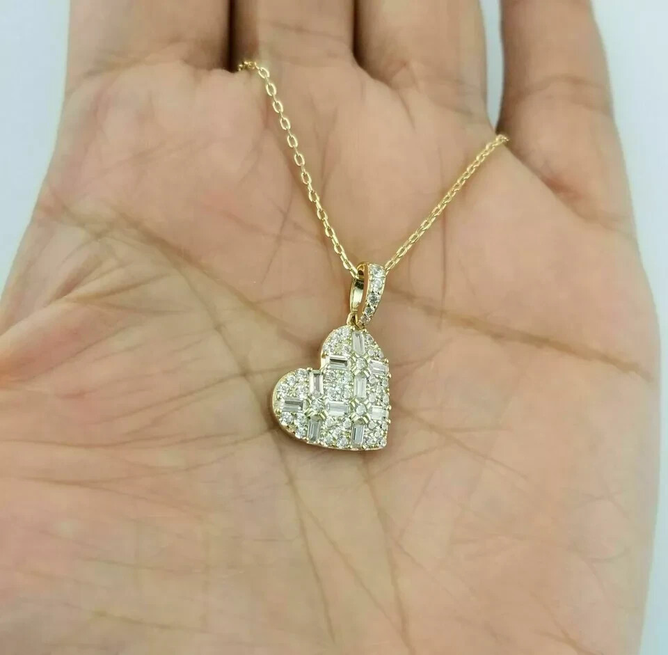 2Ct Baguette Cut Diamond Heart Pendant Necklace 14K Yellow Gold Finish Chain