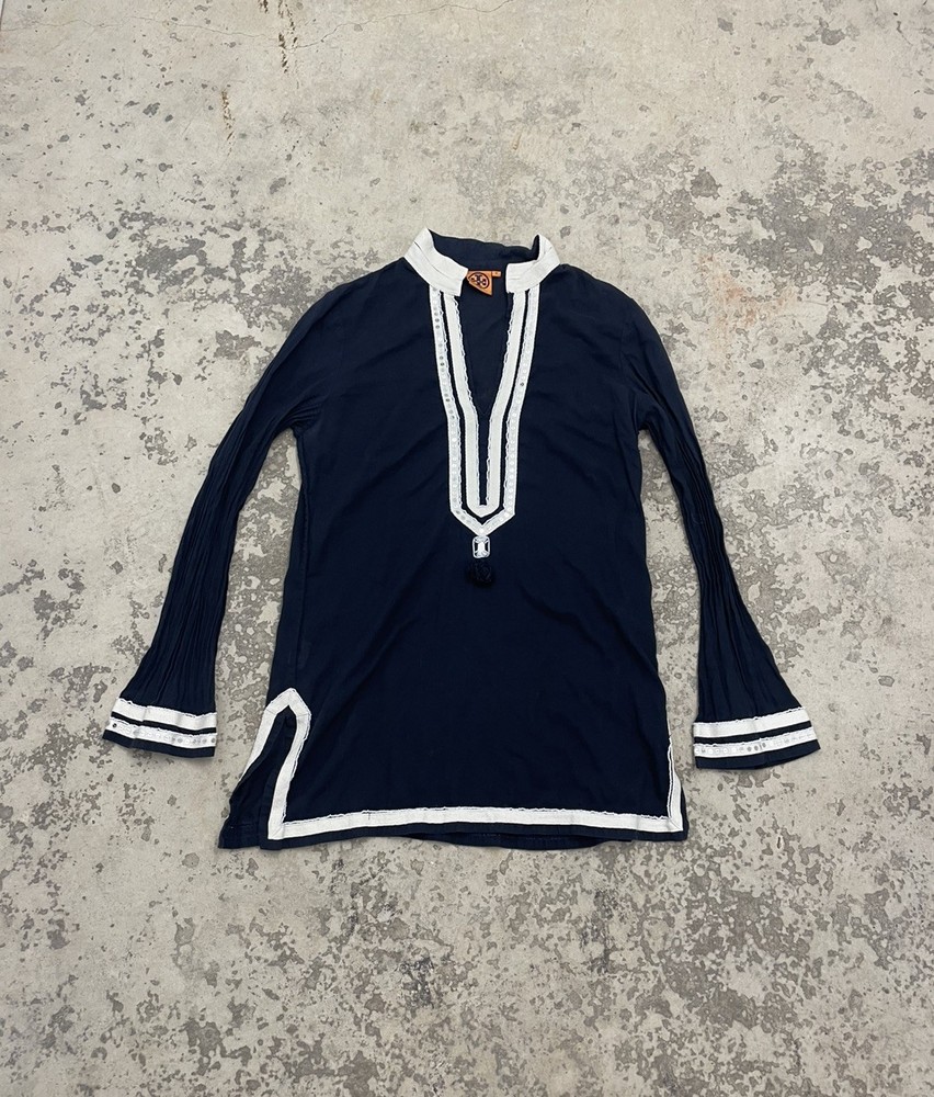 Tory Burch Navy Embroidered Tunic Dress Boho Resort Caftan Cover Up Size 12