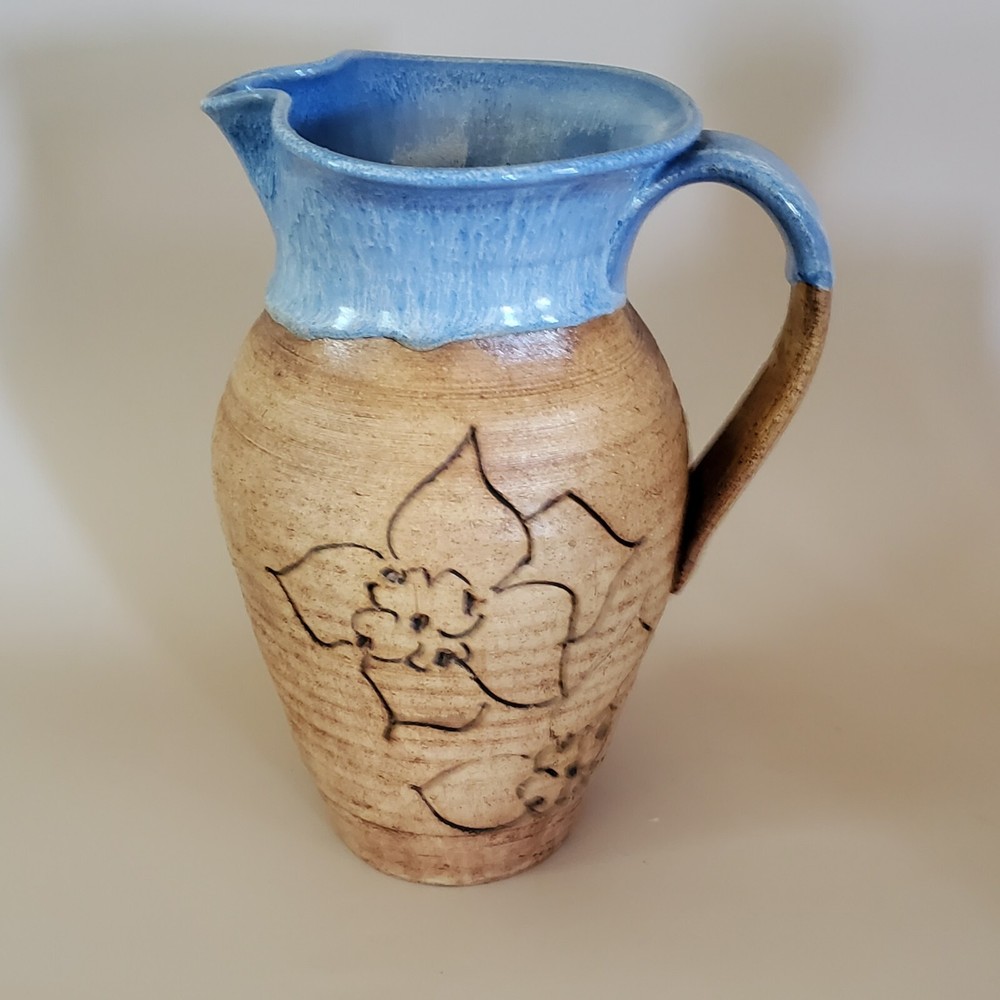 VINTAGE NC Pottery Pitcher / Vase with Engraved Flower by Ken Poole Signed