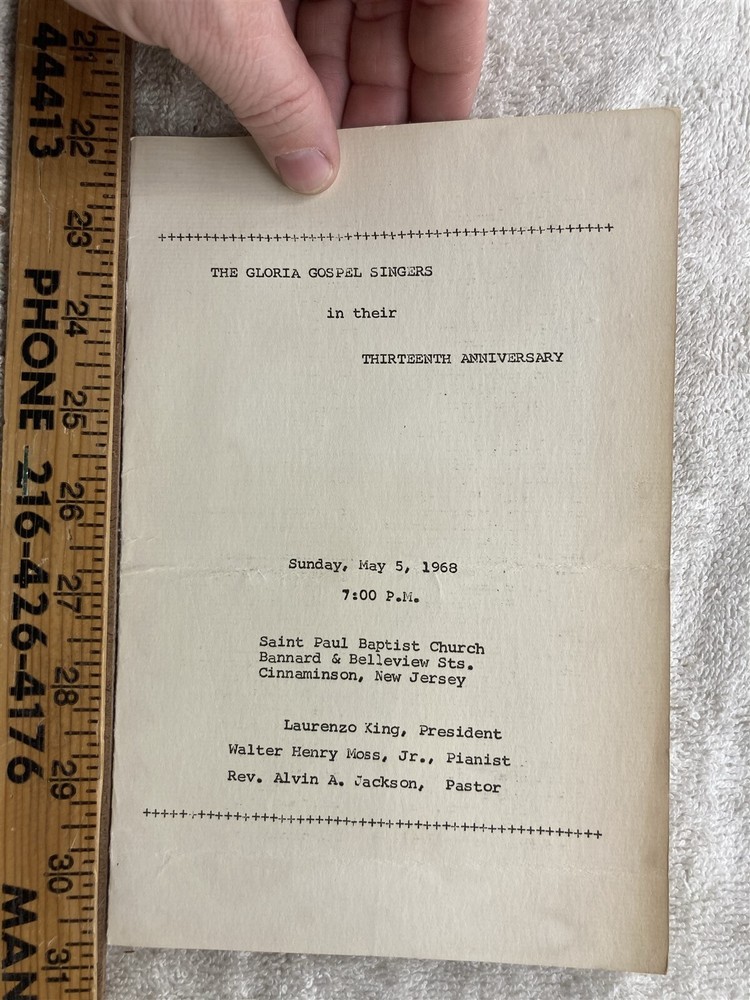 1968 Gloria Gospel Singers St. Paul Baptist Church Cinnaminson NJ Program  Vtg