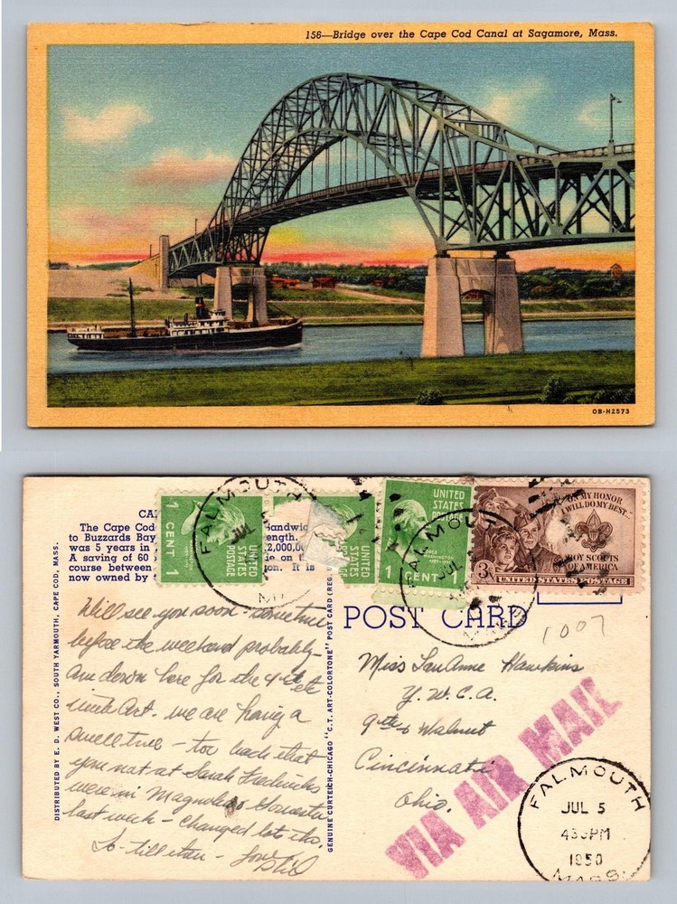 Sagamore, MA-Massachusetts, Cape Cod Canal Bridge Ship Vintage c1950 Postcard
