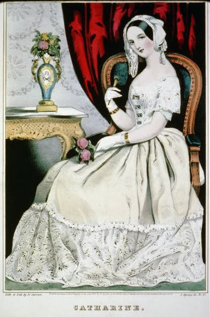 Catharine,Woman wearing white dress,red curtain,flowers,1845,Female,N. Currier