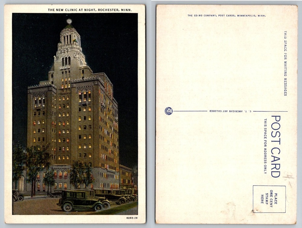 Vintage Postcard The New Clinic Rochester MN Night Scene Old Cars C.T. Art