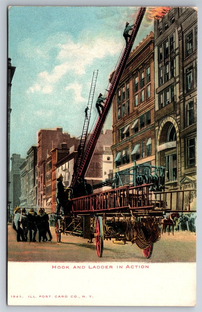 Hook & Ladder In Action Fire Fighters Wagon Fire Top Floor Pre 1907 Postcard Z17