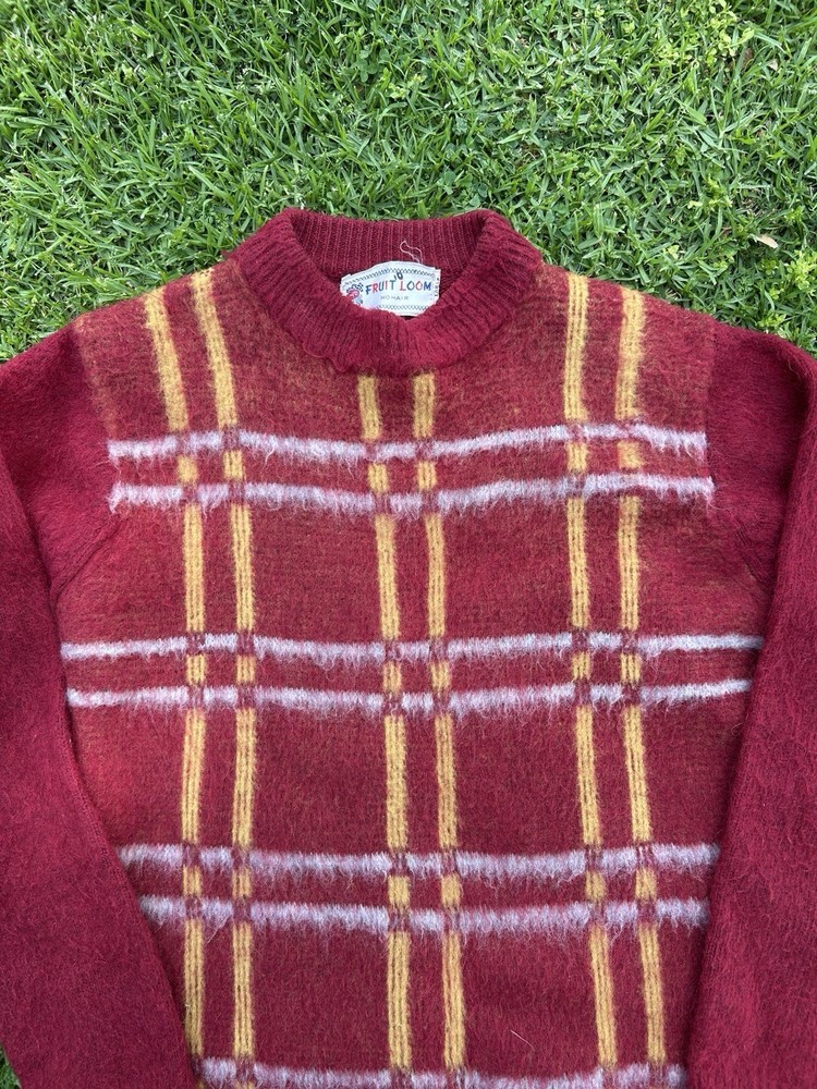 True Vintage 1960s Mohair Fruit Of The Loom Crewneck Plaid Sweater Burgundy Kurt
