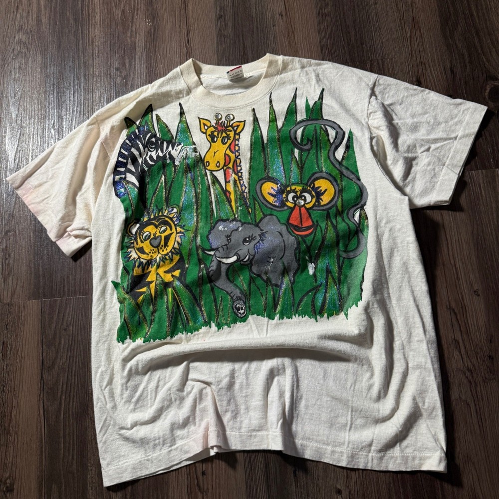 Vintage 90s Hand painted Noahs Ark Animals Graphic T Shirt XL USA Made