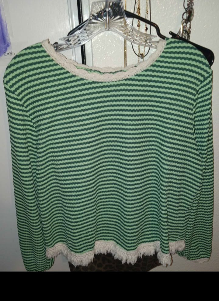 shein Women’s XL Green White Striped Knit Crewneck Long Sleeve Fringe Sweater