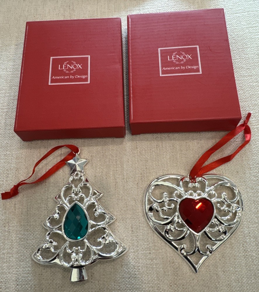 LENOX Bejeweled Collection Silverplate Ornament Red Rhinestone Heart & Xmas Tree