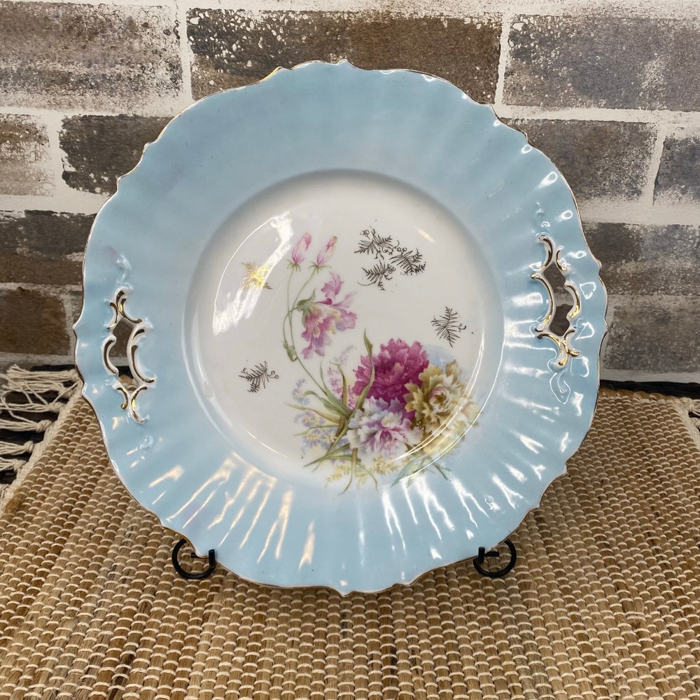 RARE Vintage Floral Scalloped edge Cabinet Plate with cut outs on Rim Gold Trim