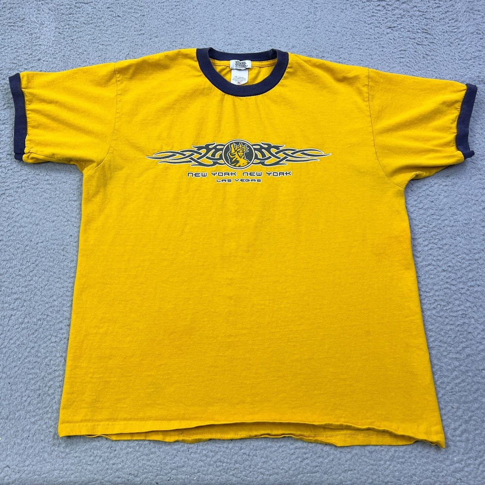 VTG New York Statue Las Vegas Liberty Ringer Tee XL Yellow Y2K Cyber Graphic Shirt