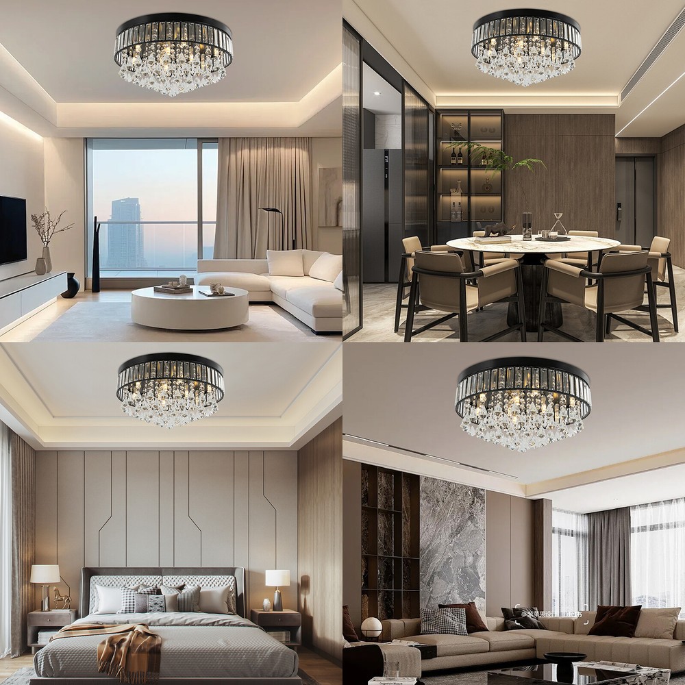 Modern Round Flush Mount Crystal Chandelier with Bake Paint Finish