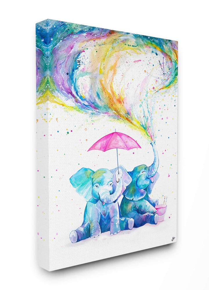 Colorful Elephants with Pink Umbrella Watercolor Canvas Wall Art, 24-Inch
