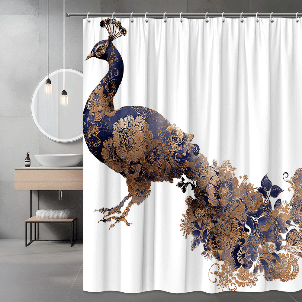 Peacock Floral Shower Curtain Navy Gold Graphic Print