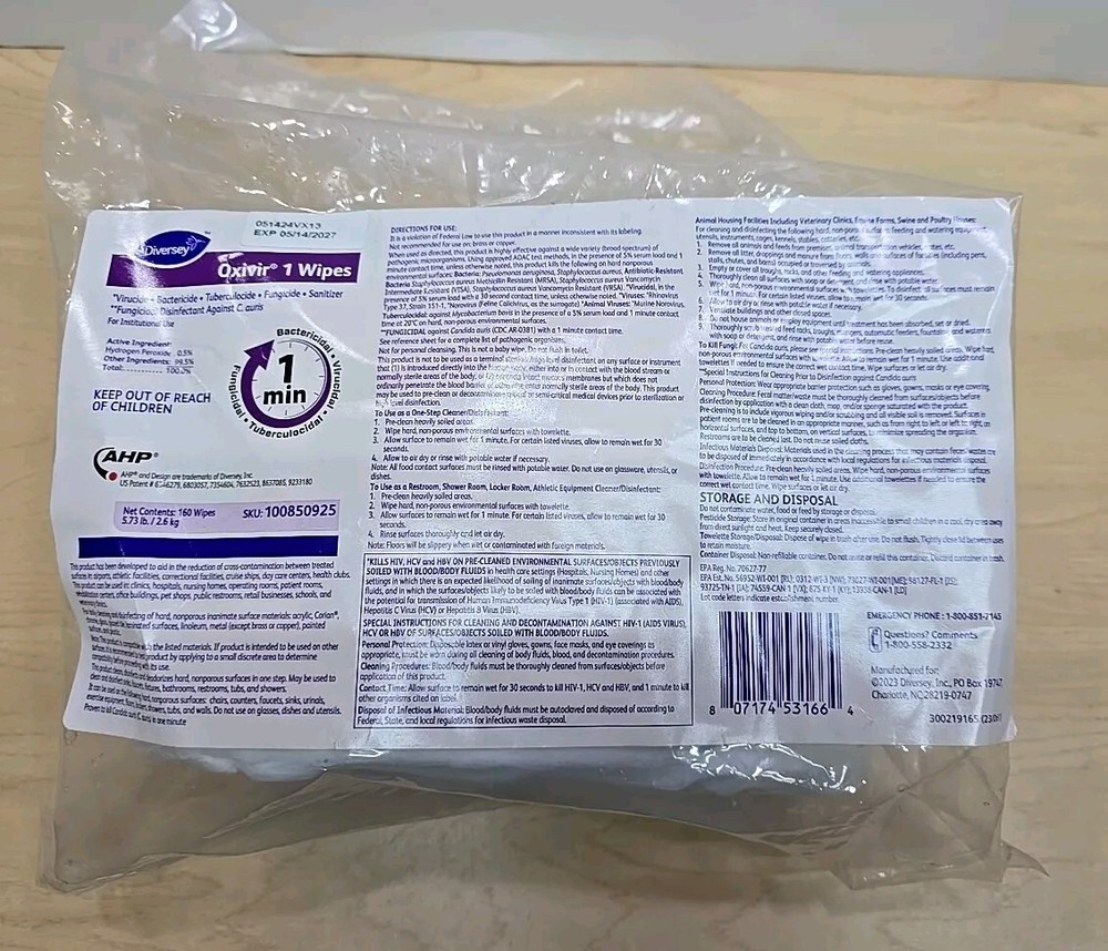 Diversey Oxivir 1 100850925   160ct  Wipes Refills AHP Exp 2027 Virucide Wipe