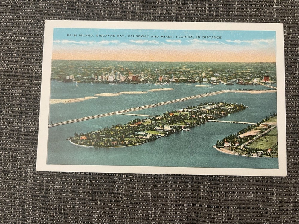 Vintage Linen Postcard Miami, Florida~ Palm Island, Biscayne Bay & Causeway