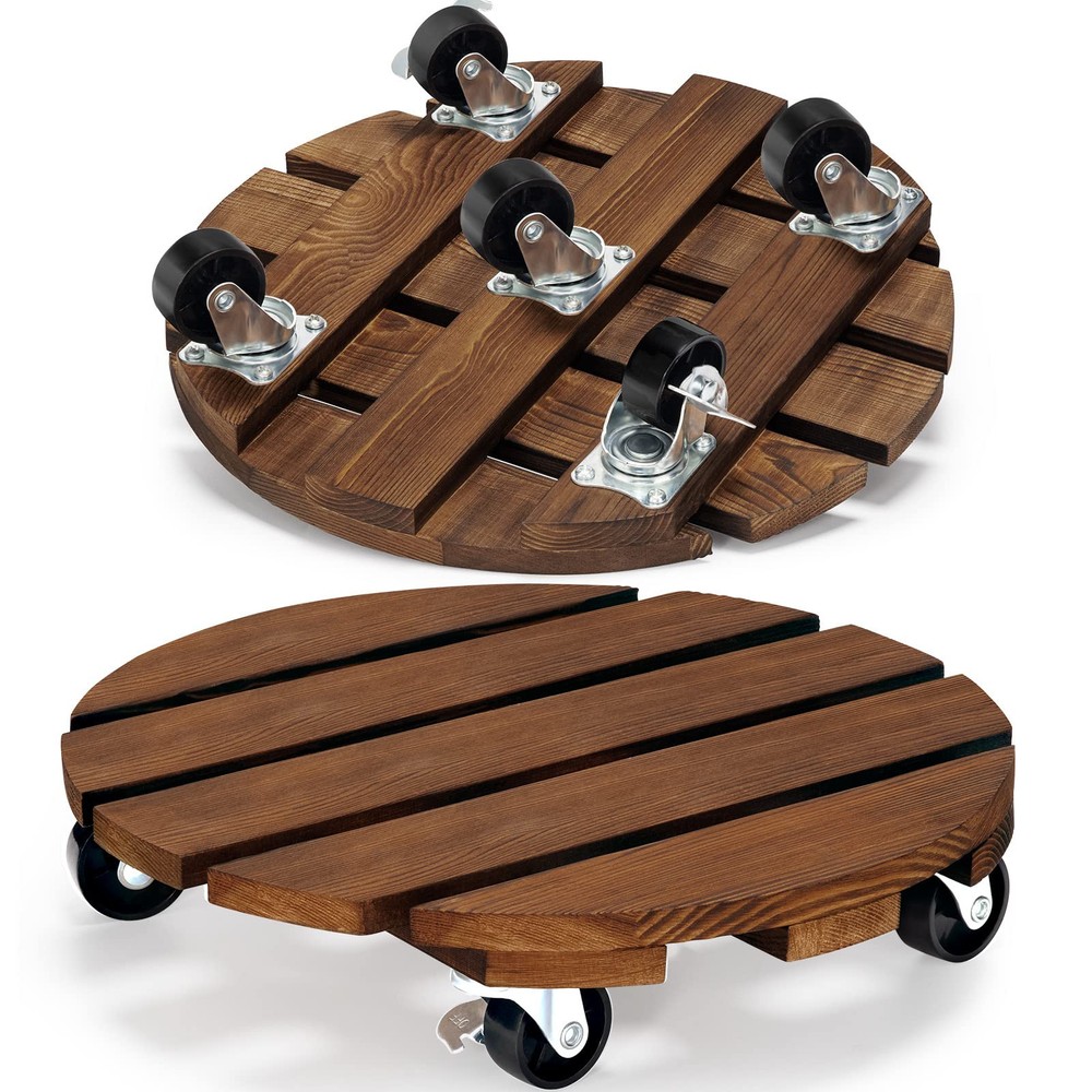 2pack Plant Caddy 12’’Wood Duty Rolling Plant Stand with 2 360° Lockable Cast...