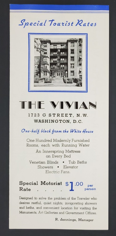 1940s Washington DC The Vivian Hotel Rates Accommodation Vintage Travel Brochure-image