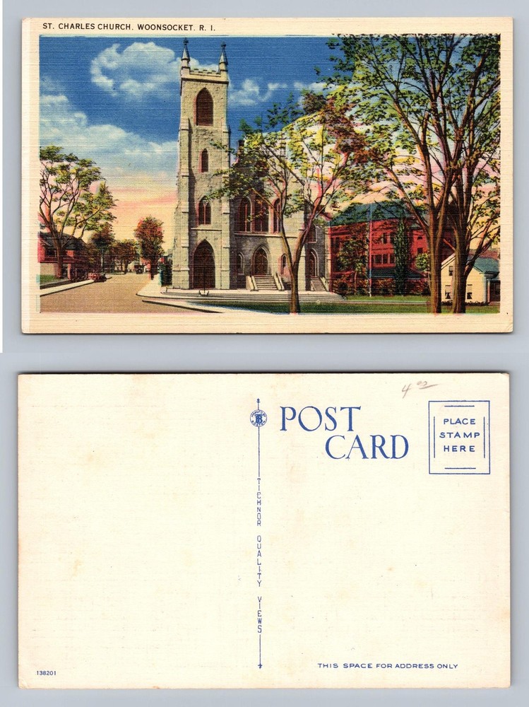 Woonsocket, RI-Rhode Island St. Charles Church View PC Standard Vintage Postcard