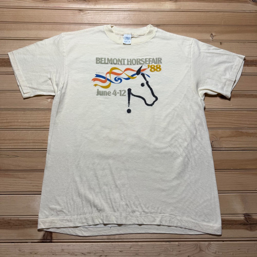 Vintage 1988 Belmont Horsefair Horse Racing Single Stitch T-Shirt USA Made - XL