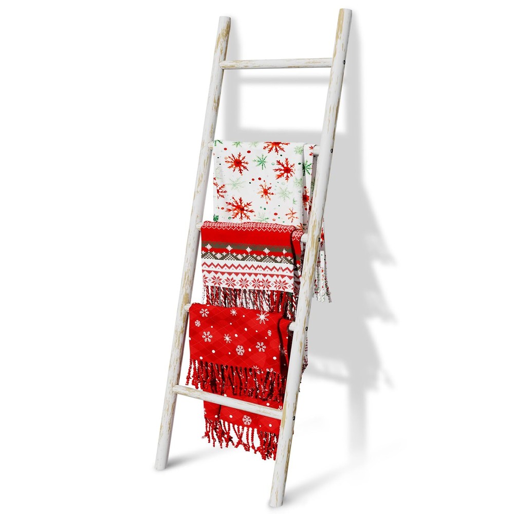 Wooden Blanket Ladder, 4.8ft Throw Blanket Holder for Living Room, Bedroom, R...