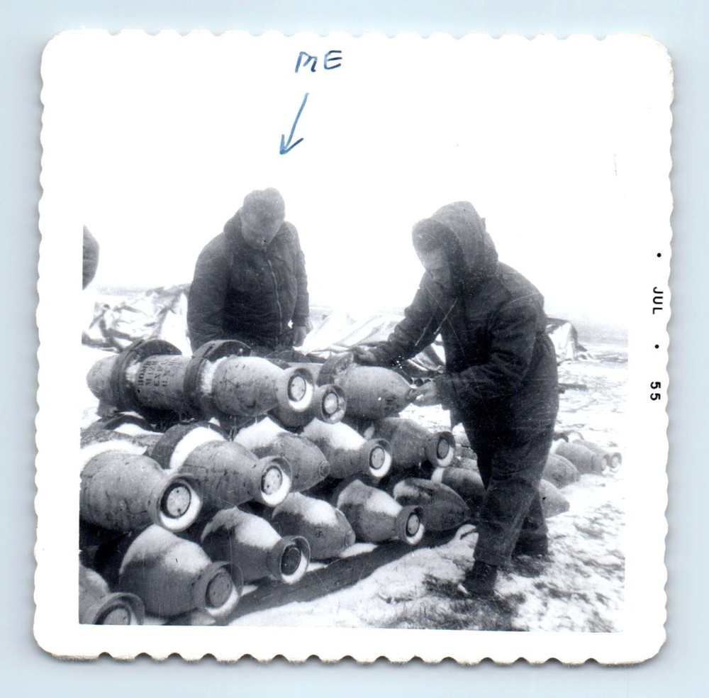 Old Vintage Square Photo ARMY MEN MILITARY SOLDIERS CHECKING BOMBS 1955