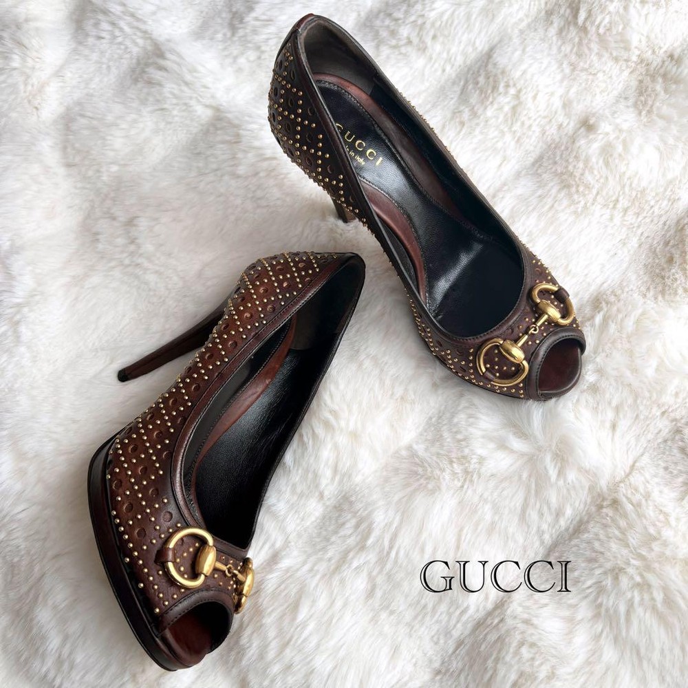 Gucci Horsebit Leather Heel Pumps Brown EU35.5 Authentic G02192731