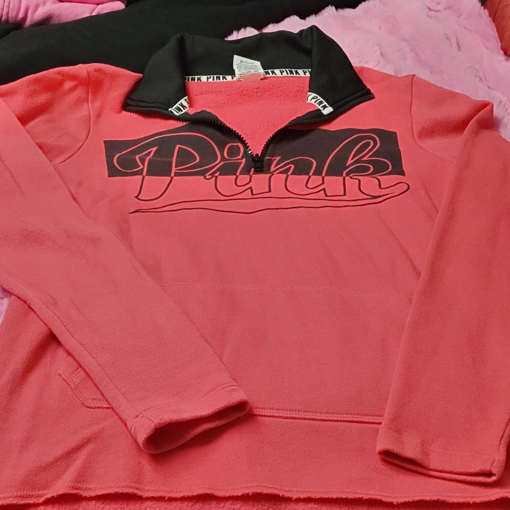 PINK Victoria's Secret 1/4 Zip Sweatshirt Pink Black Logo Cotton Blend Women XS