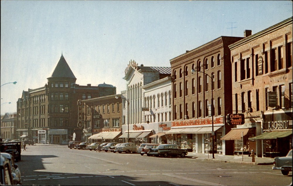 Main Street Southbridge MA drug store 1950s cars Woolworth vintage postcard n597