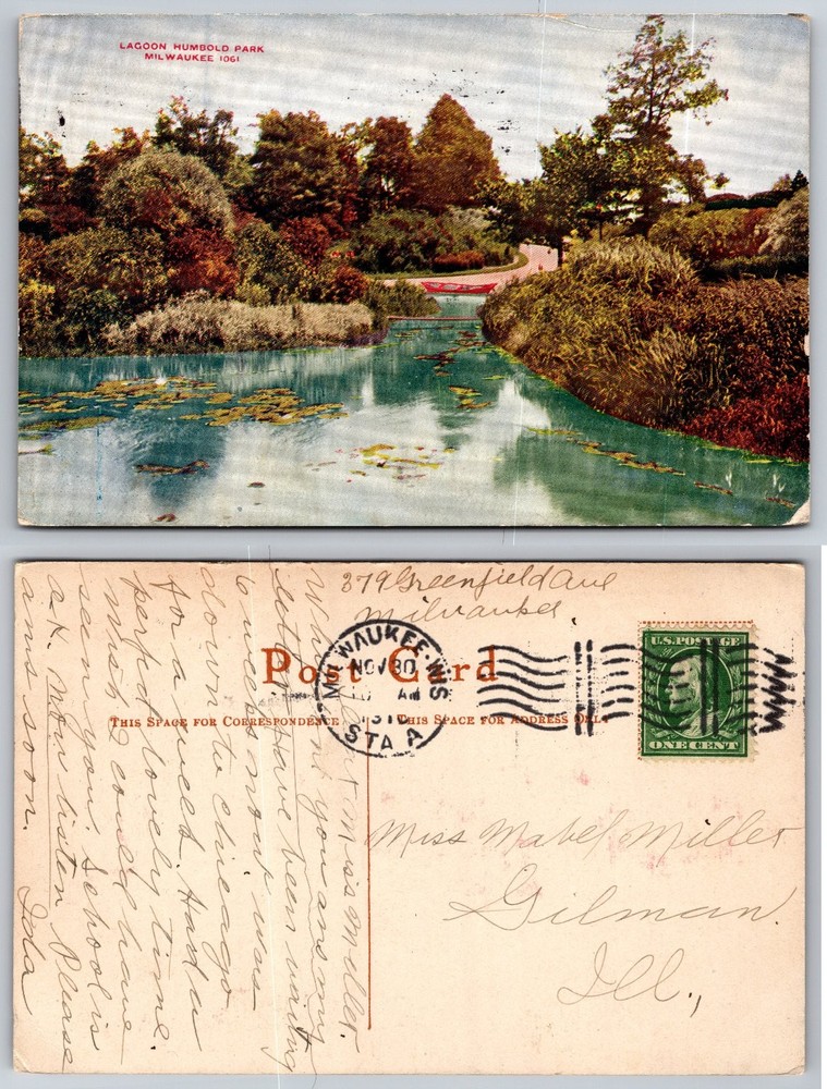 Humboldt Park Lagoon Milwaukee WI Postcard 1907 Posted Tinted View