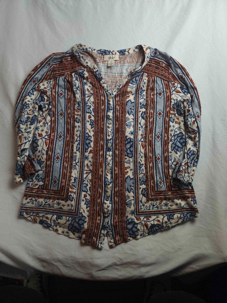 Style & Co Blouse Womens M Earth Tones Floral Boho Peasant Artisanal Cottagecore