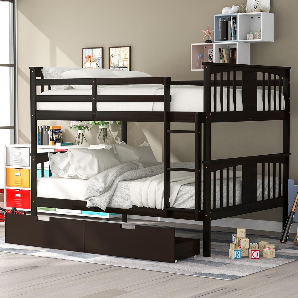 Full Over Full Bunk Bed with Storage Drawers and Ladder for Bedroom or Guest Room  