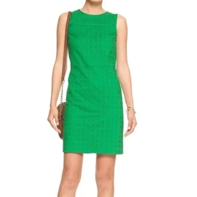 Banana Republic Green Eyelet Cotton Sleeveless Shift Dress Womens 16