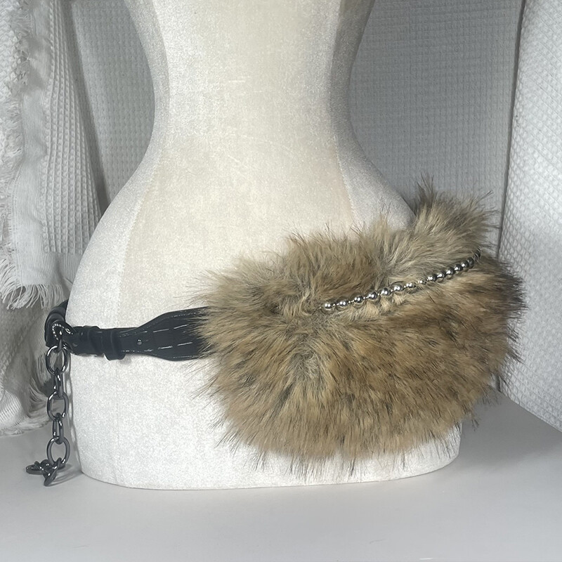 Vintage Faux Fur Belt with Metal Bead Chain Plush Waistband for Women