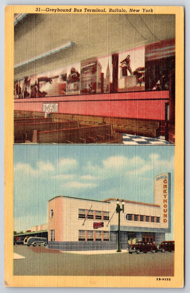 1942 New York Buffalo Greyhound Bus Terminal Curt Teich Linen Postcard