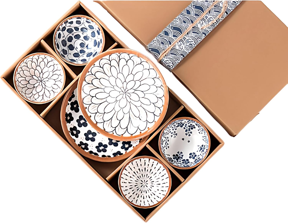 4 Piece Japanese Style Ceramic Bowl Dish Set, 8 Inch 2 Wide Plates, 4.5 Inch 4 R