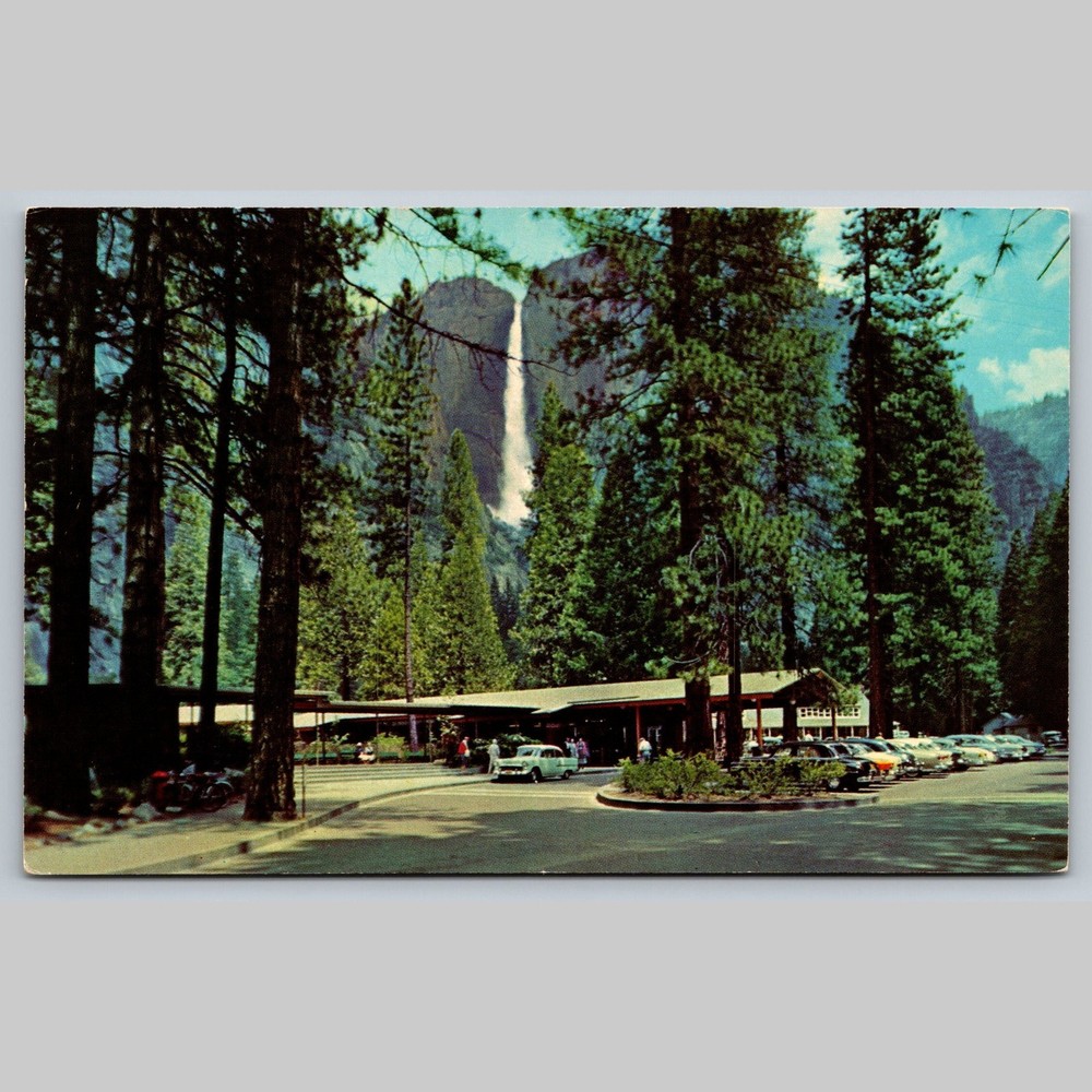 Postcard Yosemite Lodge Entrance and Upper Yosemite Fall, California