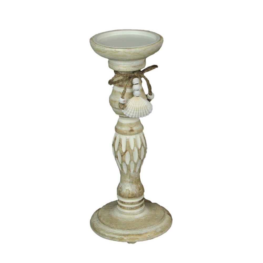 11 Inch Rustic Whitewashed Wood Candle Holder with Seashells