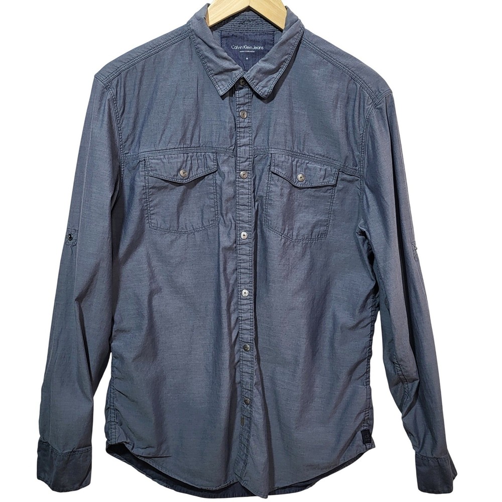 Calvin Klein Jeans Mens Grey Blue Long Sleeve Tab Utility Button Down Shirt M