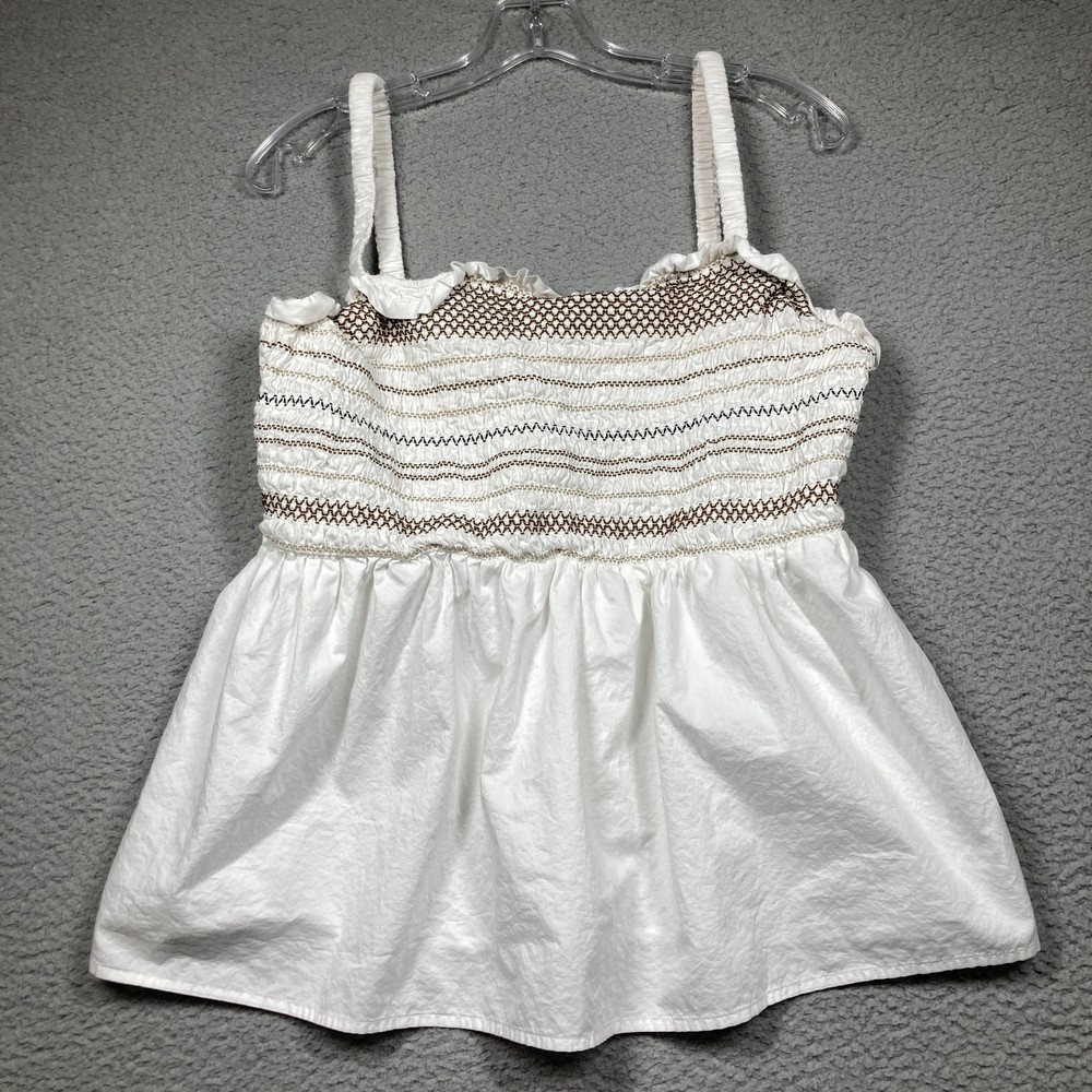 Old Navy Tank Top Womens XL Tall White Smocked Stretch Boho Babydoll Embroidered