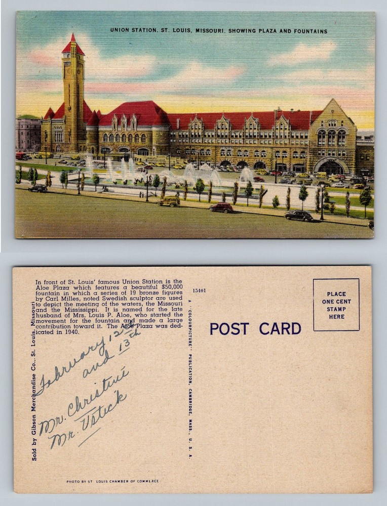 St Louis, MO-Missouri, Union Station Plaza Showing Fountains Vintage Postcard
