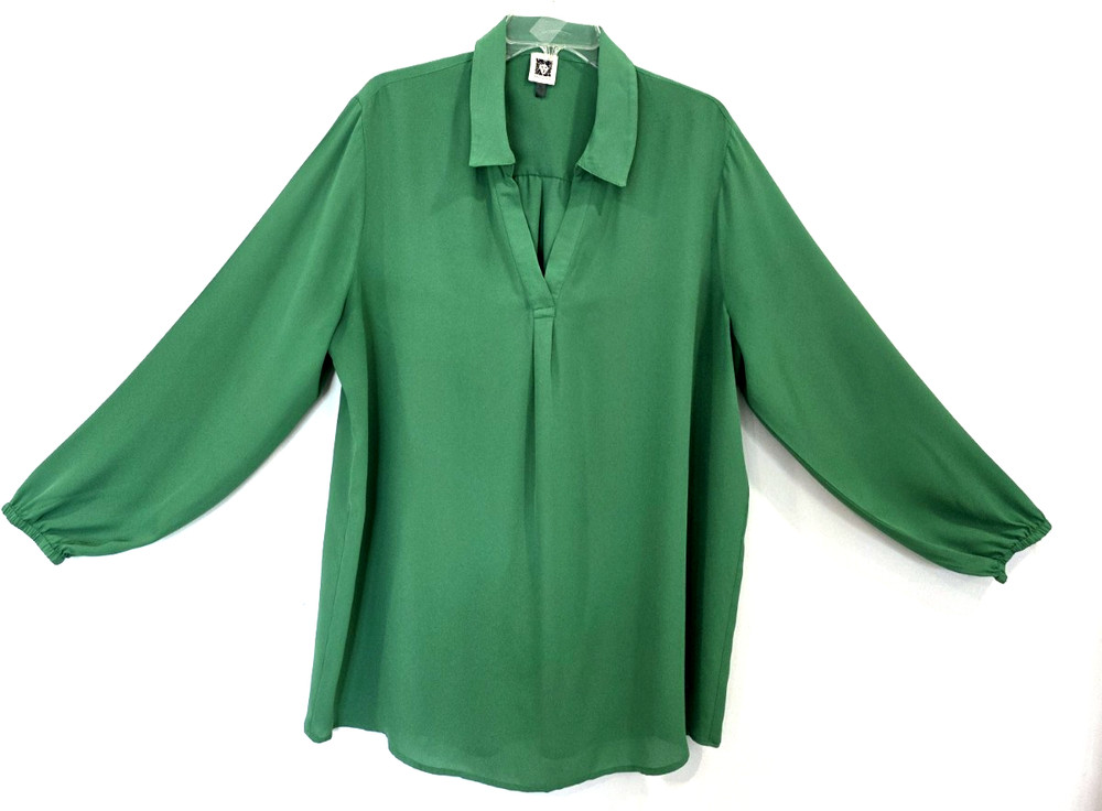 Anne Klein Pullover Blouse w/Long Sleeves Colored V-Neck Green, XL