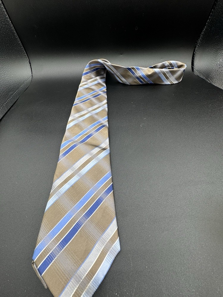 Kenneth Cole Reaction 100% Silk Brown Blue Striped Mens Necktie Classic Designer