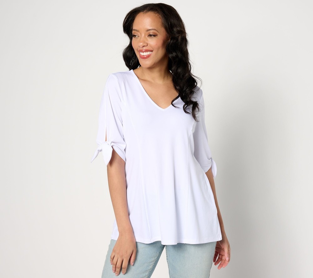 Susan Graver Women's Top Sz S Liquid Knit Elbow Tie Sleeve Fit & White A645231