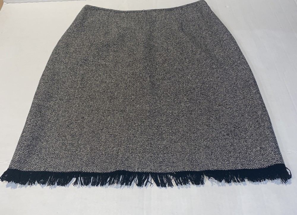 J. Jill Wool Silk Blend Skirt Women's Sz 8 Gray Black Fringe Hem Straight; USA