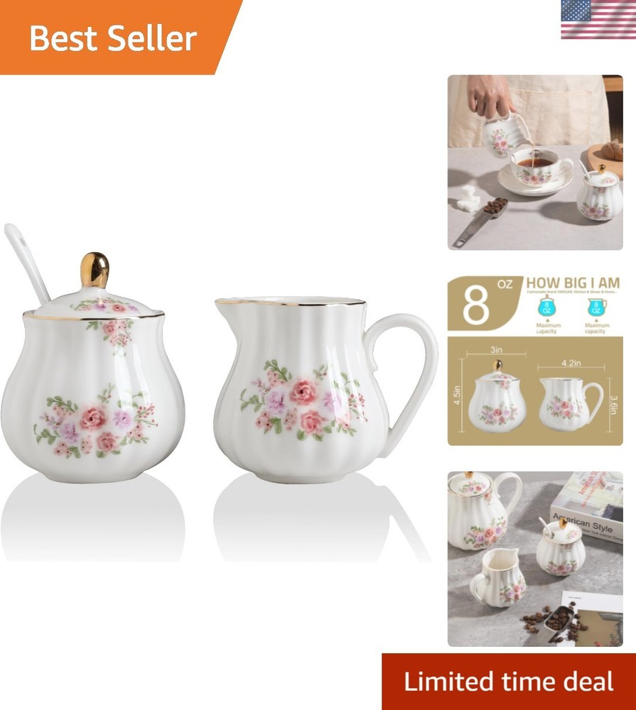 Royal Ceramic Sugar and Creamer Set, 3 Piece Set with Cream Pitcher, Sugar Bo...