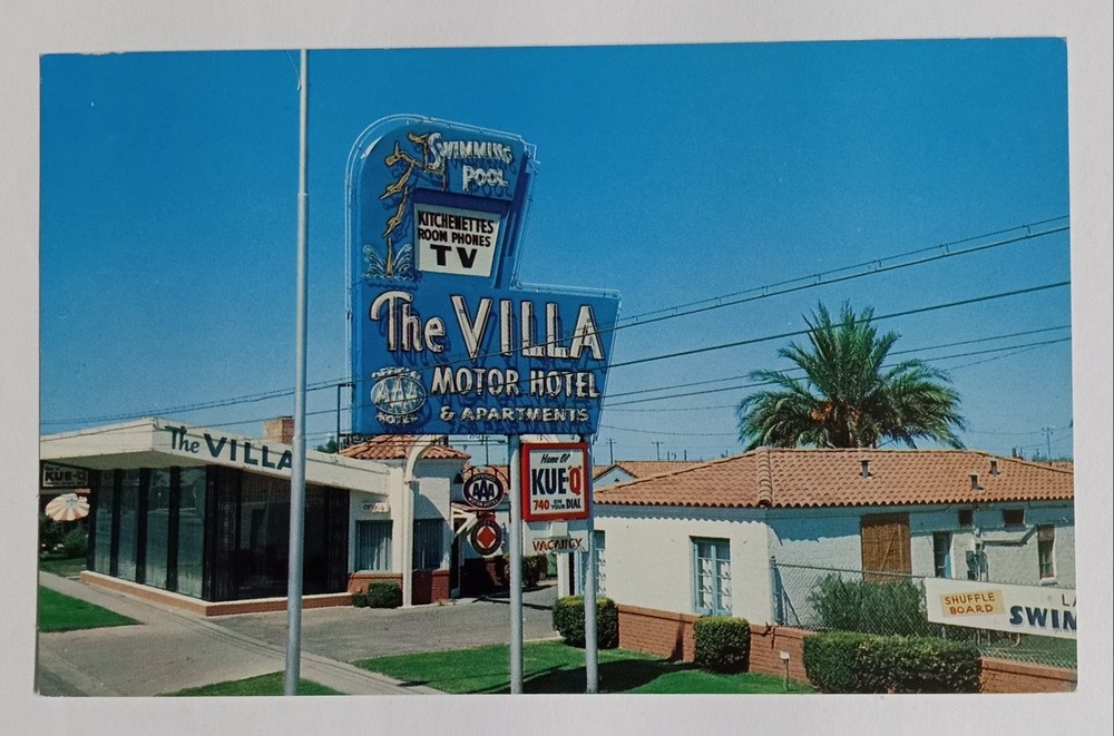 Vintage THE VILLA Motor Hotel Phoenix AZ Postcard - KUEO 990 Neon Sign