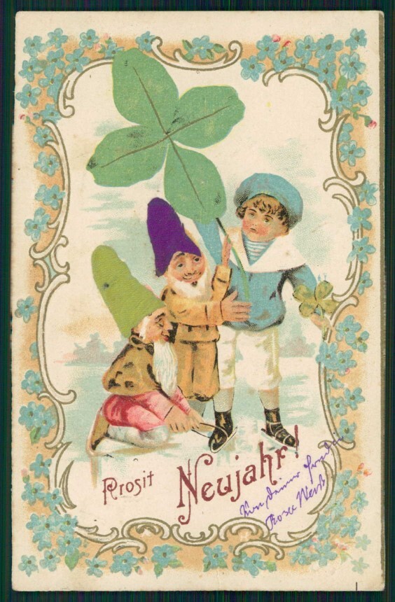 Gnomo Gnome Zwerge Dwarf Happy New Year Four Leaf Clover Silk postcard TC5029